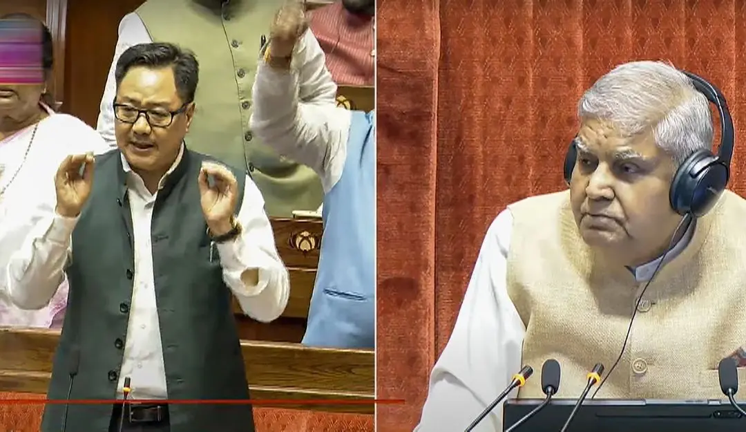 Rajya Sabha Chairman Jagdeep Dhankhar looks on as Union Minister Kiren Rijiju speaks in the House during the Budget session of Parliament.
