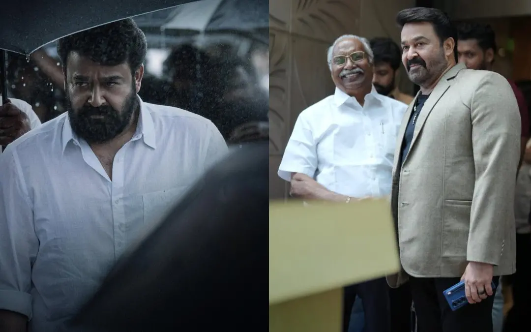 Mohanlal from poster of Empuraan, Gokulam Gopalan with Mohanlal (Photo: Special Arrangement)