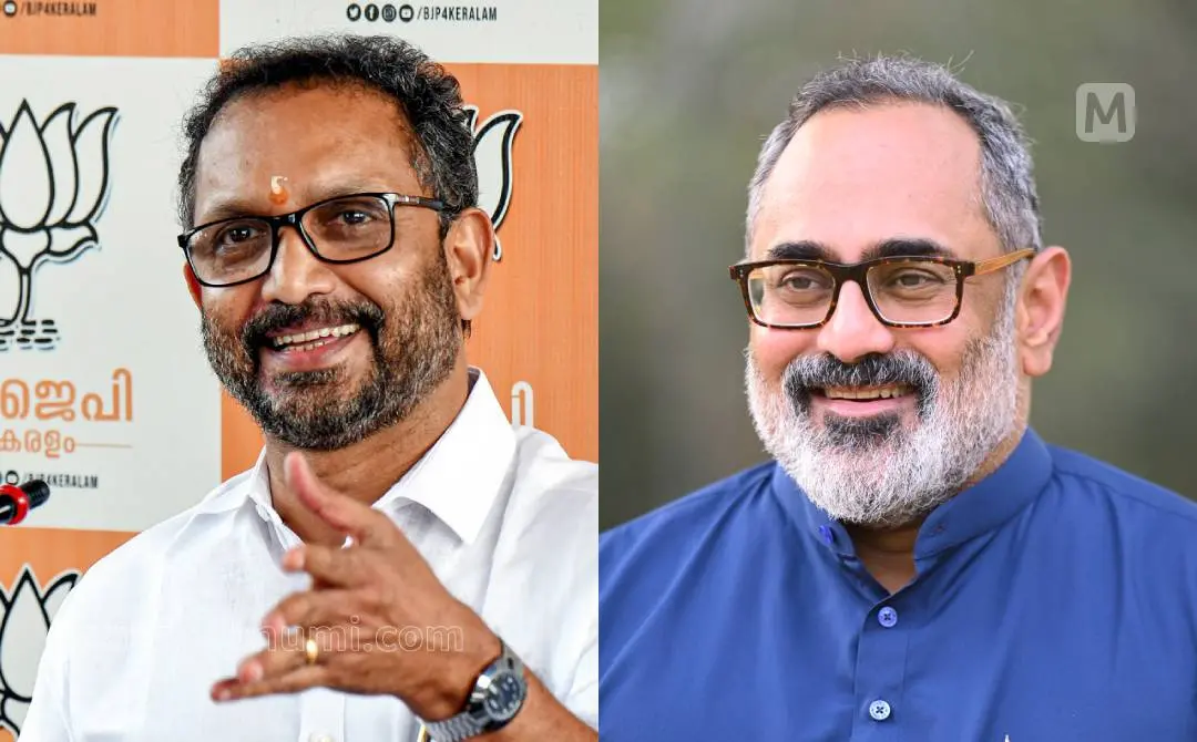 കെ. സുരേന്ദ്രൻ, രാജീവ് ചന്ദ്രശേഖർ| ഫോട്ടോ: PTI, എസ്.ശ്രീകേഷ്\മാതൃഭൂമി