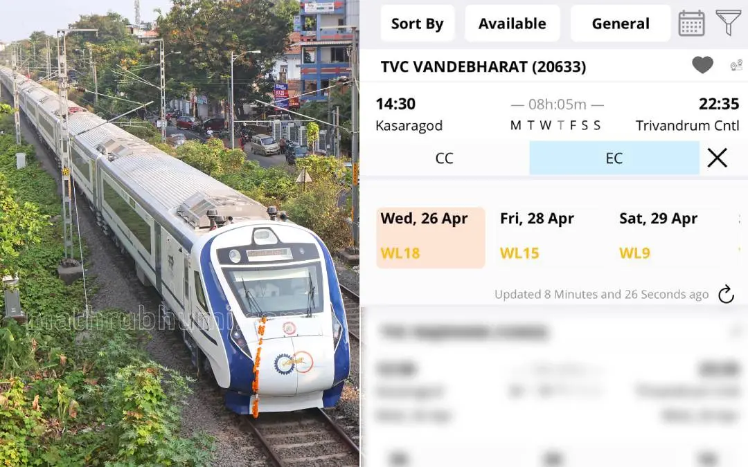 Vande Bharat Express, IRCTC website | Photo: Mathrubhumi, Screen grab/ IRCTC Website