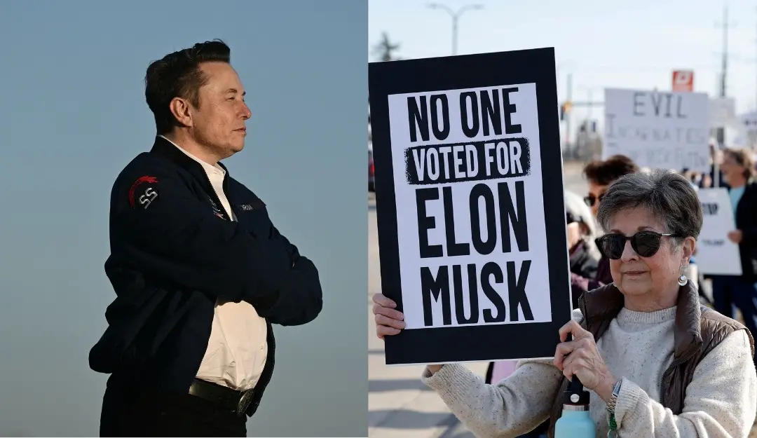 SpaceX CEO Elon Musk steps off Air Force One upon arrival and a protest against Elon Musk in US. | Photo: AFP