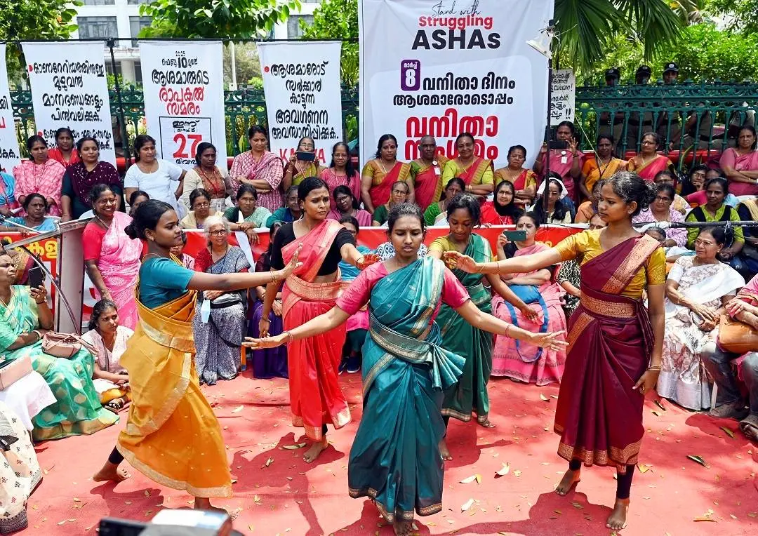 Accredited Social Health Activist (ASHA) workers during a protest demanding an increase in their wages, on the International Women's Day, in Thiruvananthapuram, Saturday | Photo: PTI