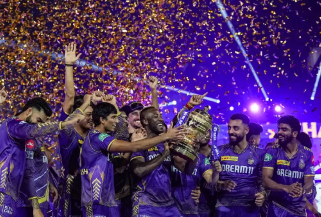 Kolkata Knight Riders players celebrate with the Indian Premier League (IPL) 2024 trophy after winning the final match against Sunrisers Hyderabad at MA Chidambaram Stadium in Chennai. | File Photo: PTI
