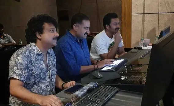 Deepak Dev and sound designer Rajakrishnan MR with Prithviraj Sukumaran