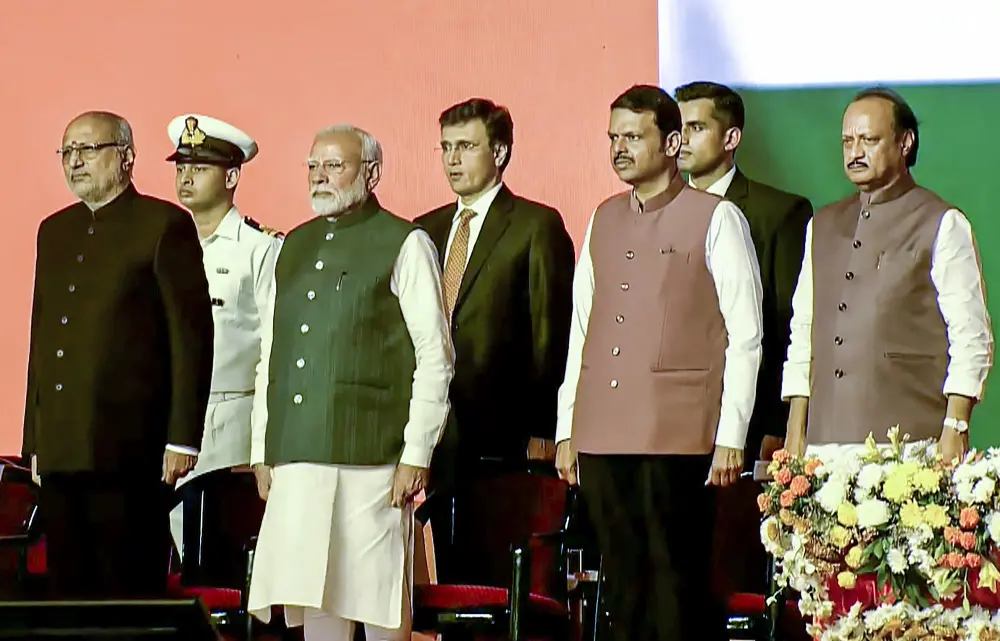 Prime Minister Narendra Modi, Maharashtra Governor CP Radhakrishnan, BJP leader Devendra Fadnavis and NCP (Ajit faction) leader Ajit Pawar during the swearing in ceremony in Mumbai | PTI