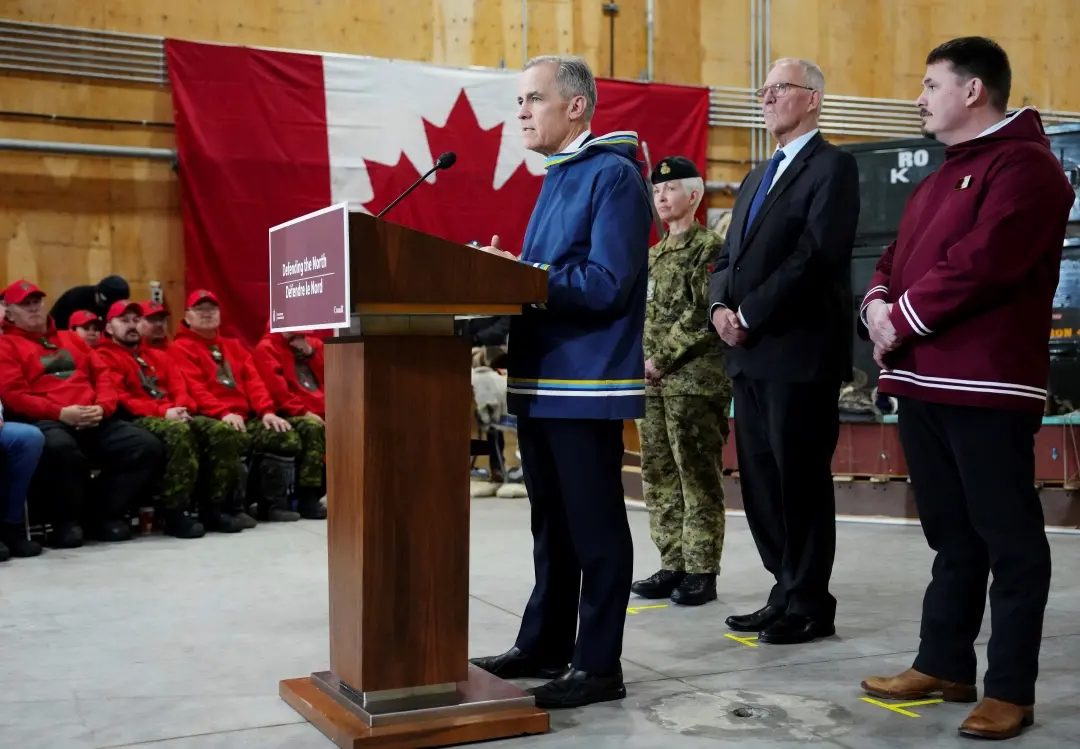 Canada Prime Minister Mark Carney, left to right, makes an announcement as Chief of Defence Staff Gen. Jennie Carignan, Defence Minister Bill Blair and Nunavut Premier P.J. Akeeagok look on at a Canadian Armed Forces forward-operating location in Iqaluit, Nunavut | Photo: AP