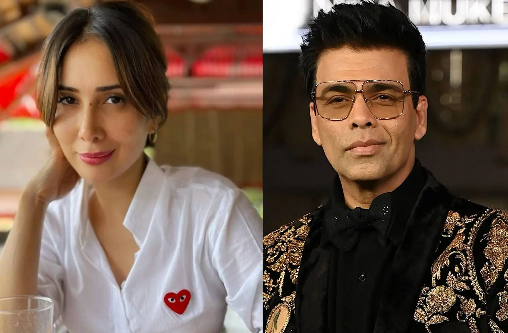 From (L) Kim Sharma and Karan Johar | Photo: https://www.instagram.com/kimsharmaofficial/, AFP