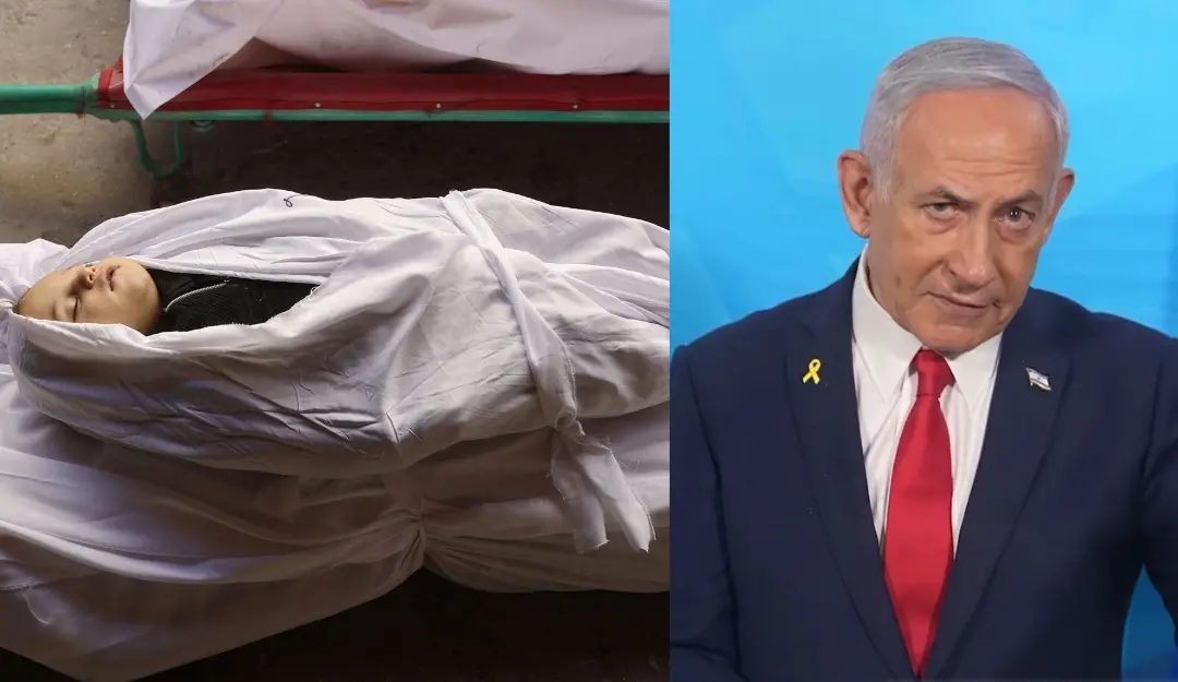Body of a child killed in an overnight Israeli airstrike on the Gaza Strip and image from a video released by the Israeli Government Press Office, Prime Minister Benjamin Netanyahu.