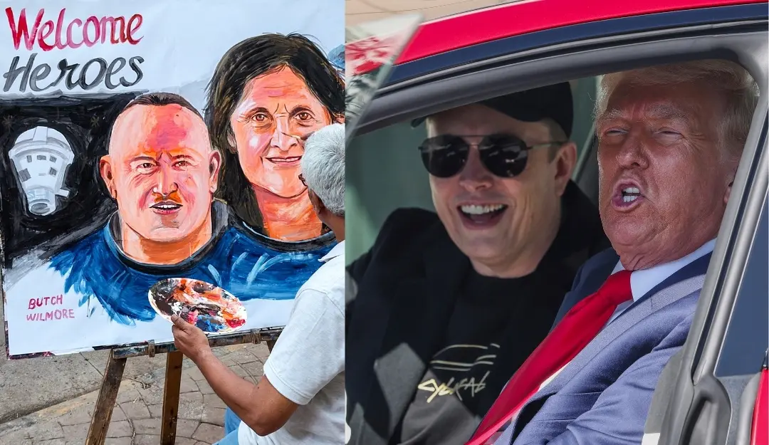 An art teacher painting to welcome Astronauts Sunita Williams and Barry Wilmore, in Mumbai (L) and SpaceX CEO Elon Musk and US President Donald Trump.