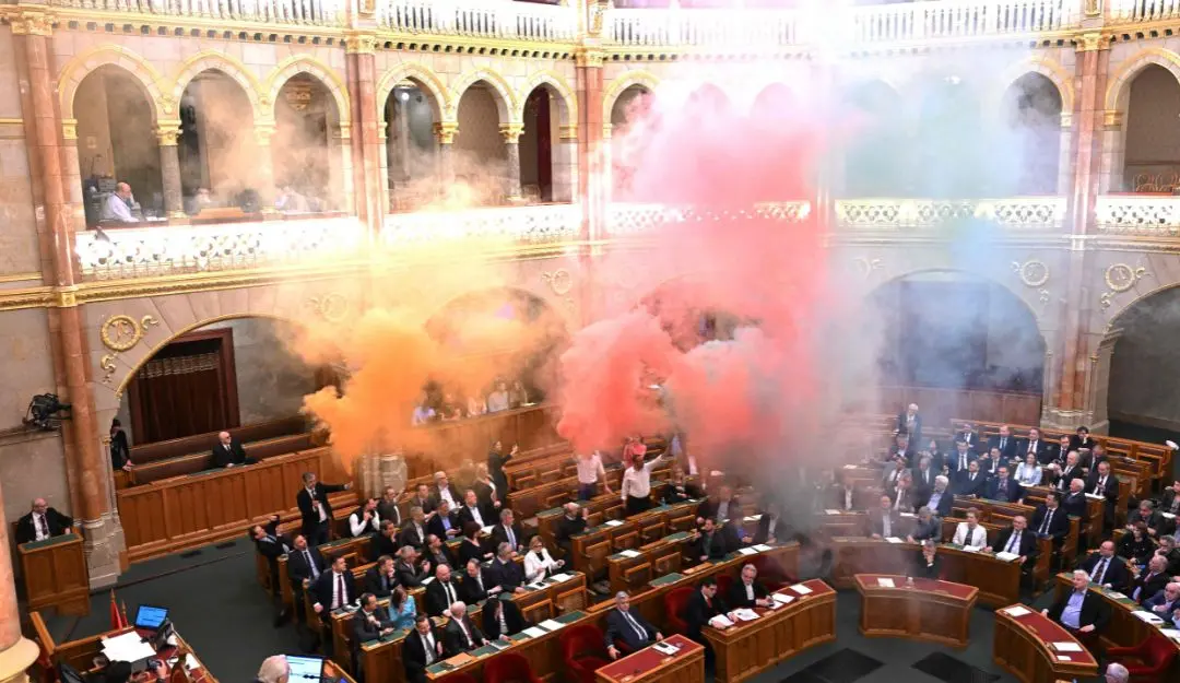 Members burn flares in protest before a vote on a bill aimed at banning the annual Pride march on March 18 in Hungary (Photo: AFP)