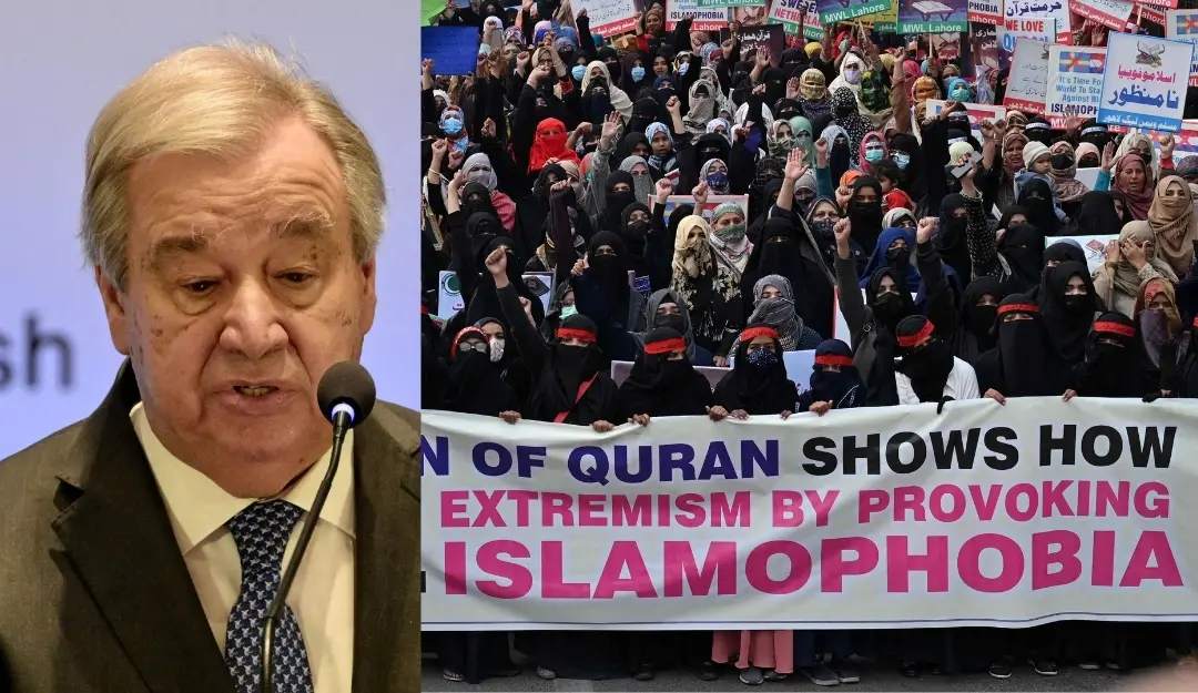 United Nations Secretary-General António Guterres (L) and Women activists of Pakistan protesting against islamophobia (R).