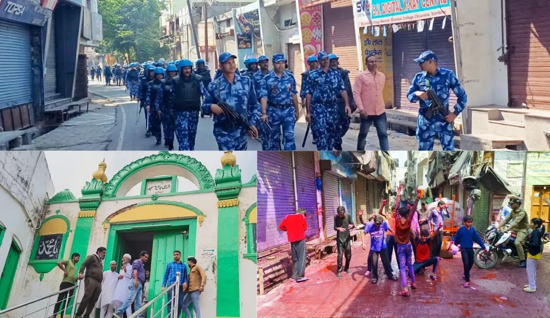 RAF personnel conduct a flag march (U), Archaeological Survey of India team visits the Shahi Masjid (DL) and people play Holi in Sambhal.