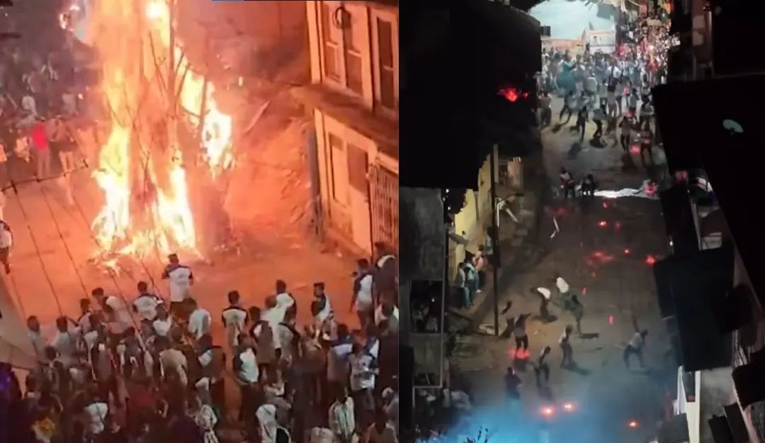 People throwing buring sticks in Mahad as part of Holi. | Screengrab: X
