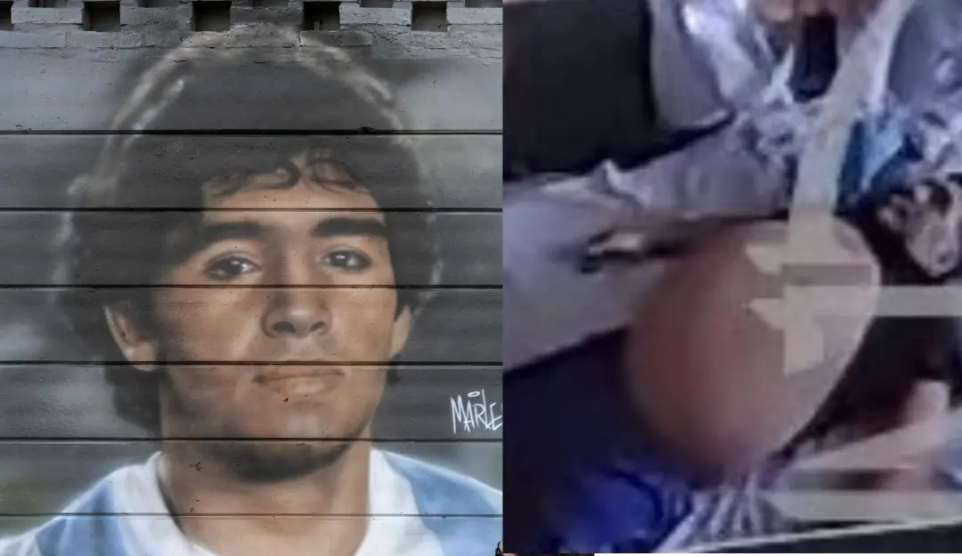 Murals of Maradona outside the Diego Armando Maradona Stadium (L) and an image presented by the prosecutor showing Maradona on his deathbed (R). | Photo: AFP, X