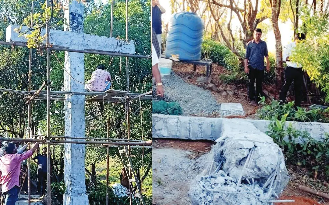 1) Concrete cross erected on the encroached land at Parunthumpara (2) Scene from the spot after the demolition of cross.