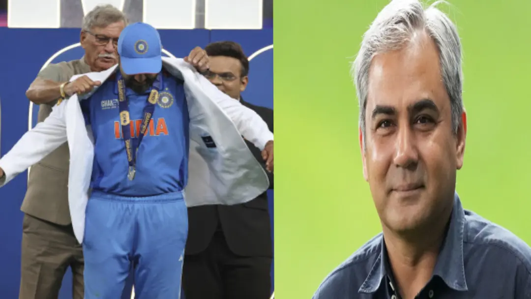 From (L) Roger Binny presenting white jacket to Rohit Sharma at CT closing ceremony; Mohsin Naqvi | Photos: Agencies