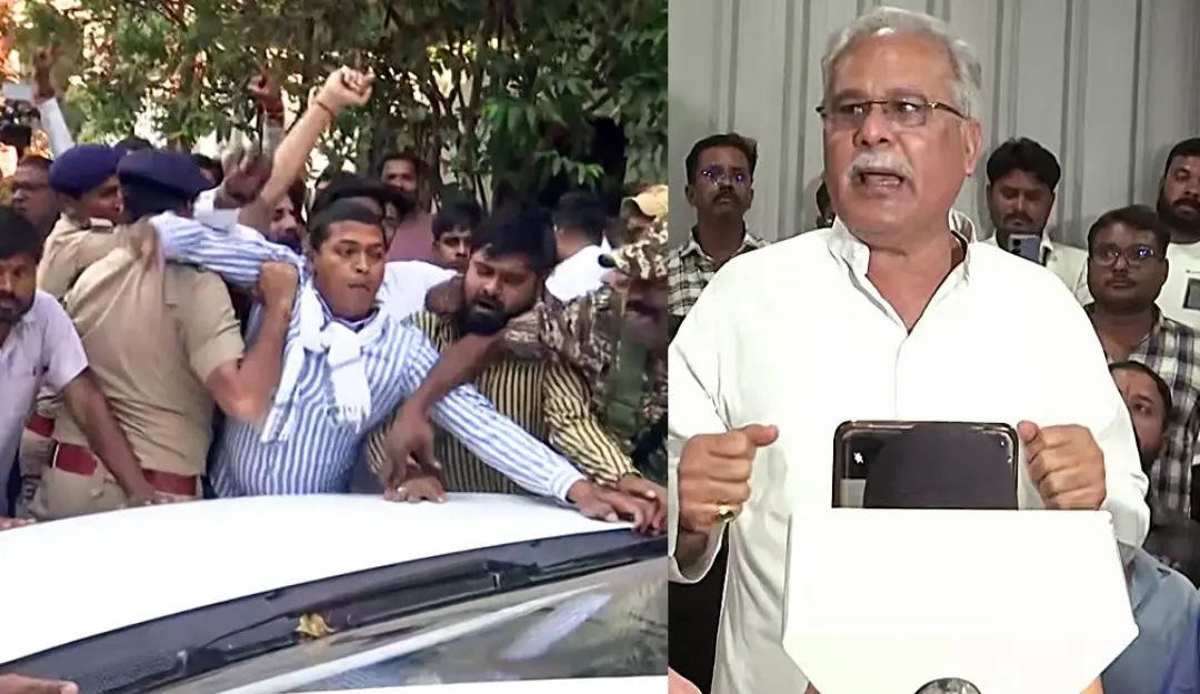 ED personnel being stopped as they leave after searching the residence of former Chief Minister and Congress leader Bhupesh Baghel (L). Former Chhattisgarh Chief Minister and Congress leader Bhupesh Baghel addresses the media on ED raid (R). | Photos: ANI