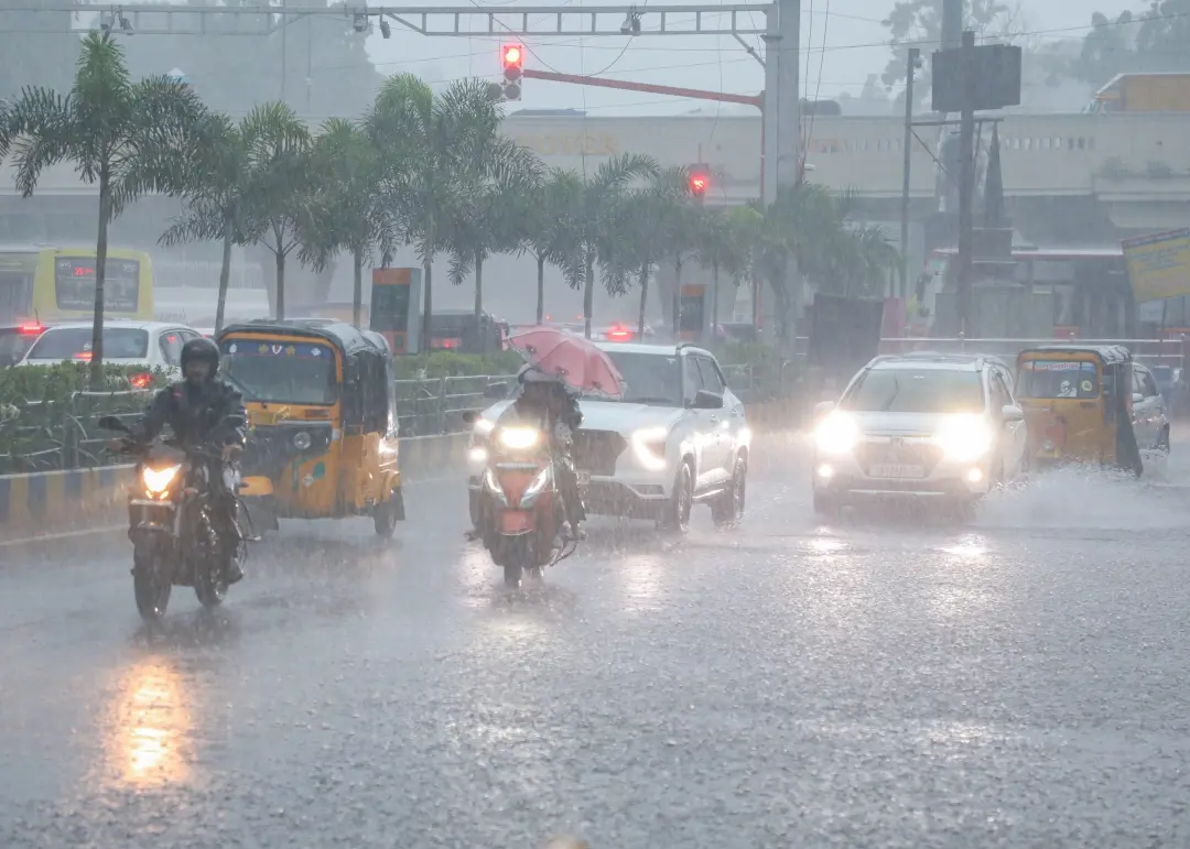 Vehicles ply through a road amid a heavy rainfall due to intensified depression over the Southwest Bay of Bengal, in Chennai on Tuesday | Photo: ANI