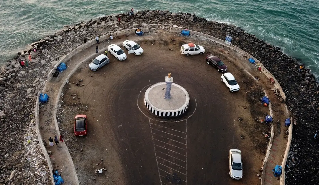 An aerial view shows visitors at the south-eastern tip of Pamban Island in Tamil Nadu state, in Dhanushkodi.