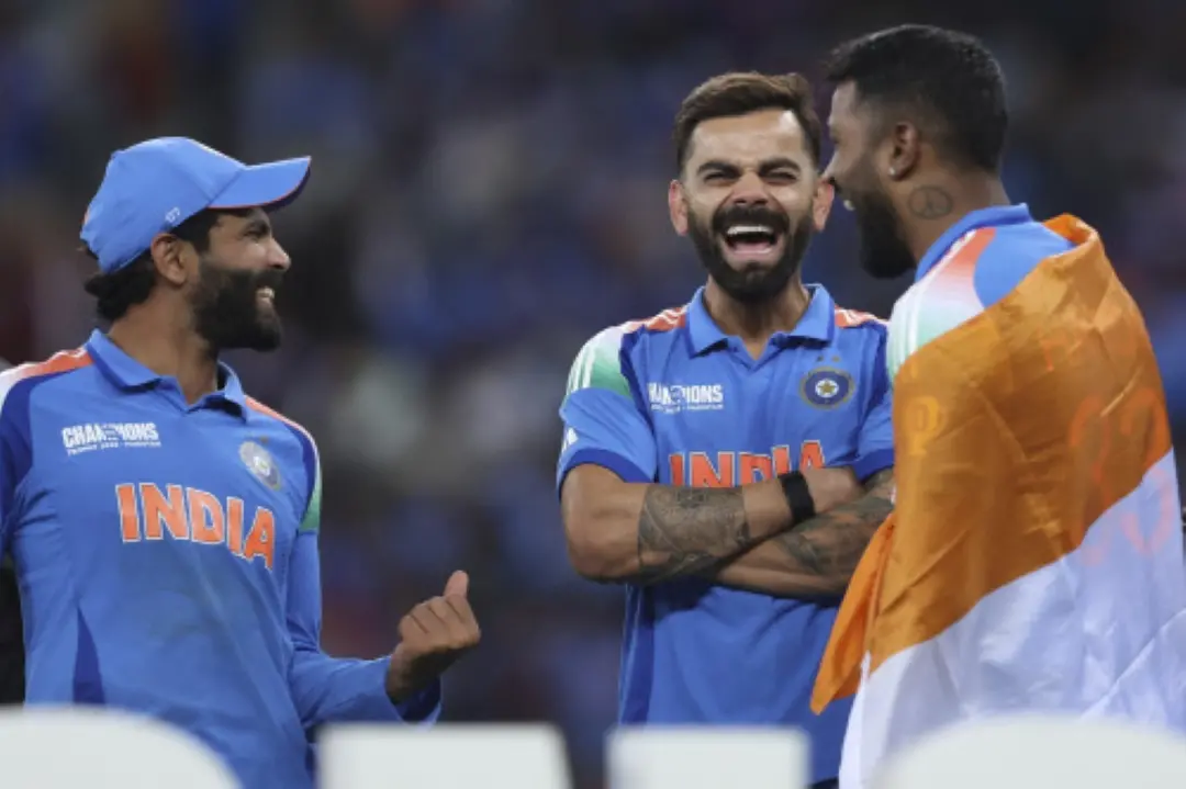 From left, India's Ravindra Jadeja, Virat Kohli and Hardik Pandya share a laugh during the presentation ceremony of the ICC Champions Trophy after their win against New Zealand at Dubai International Cricket Stadium in Dubai, United Arab Emirates. | Photo: AP