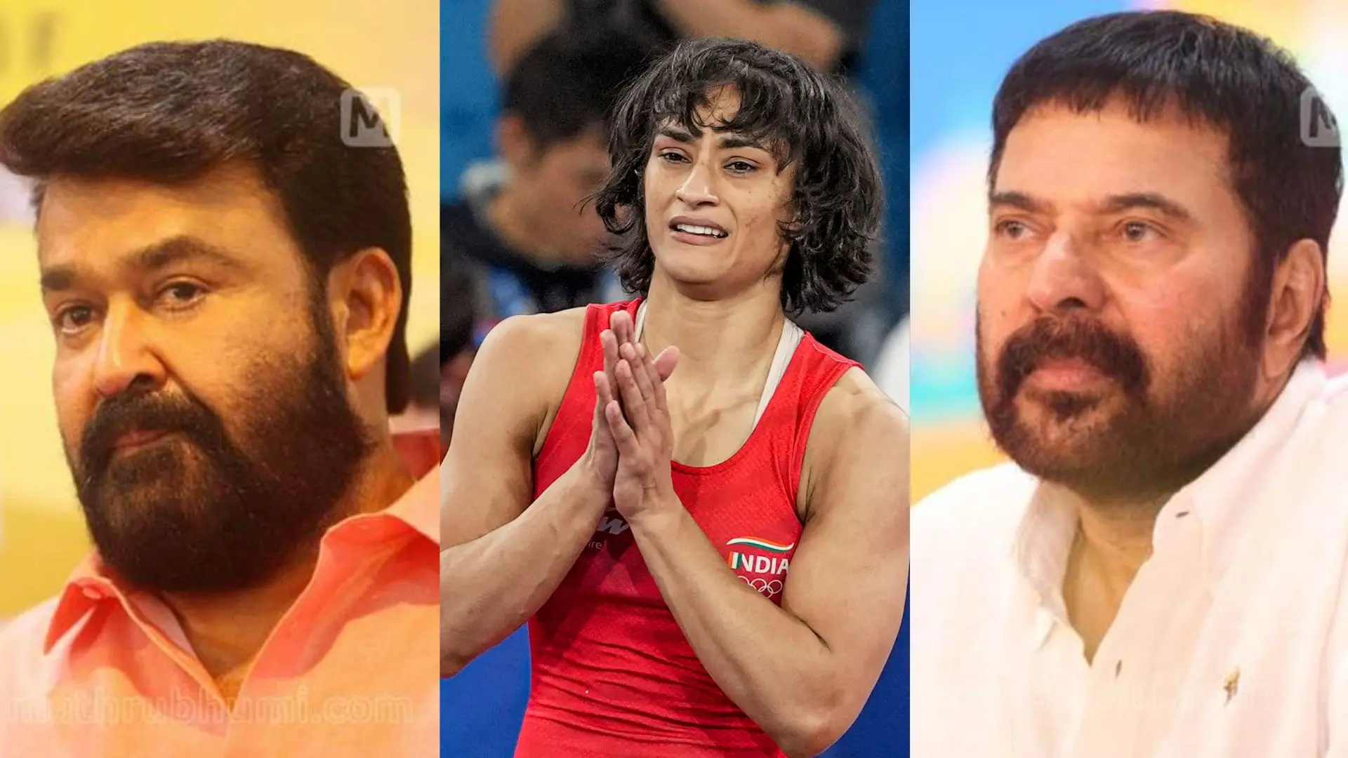 Mohanlal, Vinesh Phogat, Mammootty | Photos: PTI, Mathrubhumi