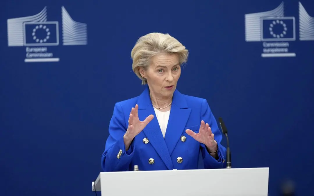 European Commission President Ursula von der Leyen speaks during a media conference on the defense package at EU headquarters in Brussels