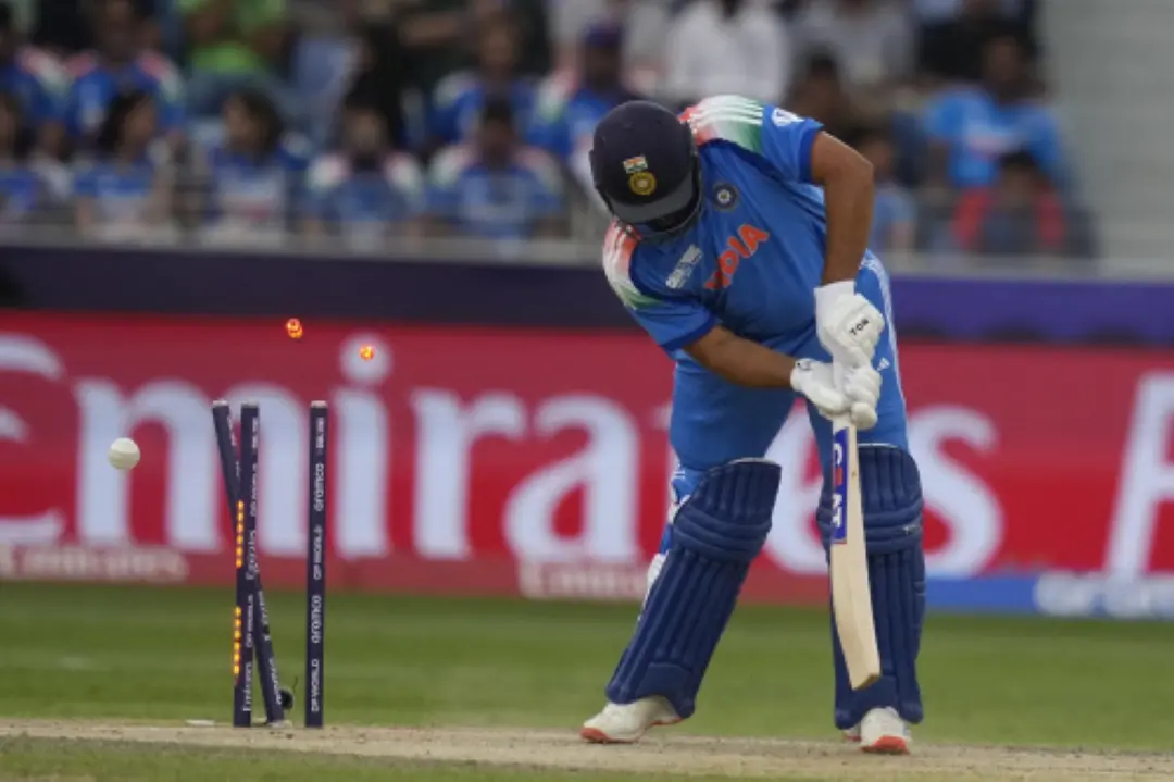 India's captain Rohit Sharma is bowled out by Pakistan's Shaheen Afridi during the ICC Champions Trophy cricket match between India and Pakistan at Dubai International Cricket Stadium, United Arab Emirates. | Photo: AP