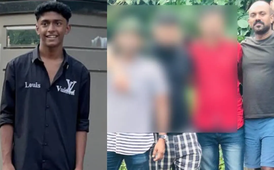 മരിച്ച ഷഹബാസ്(ഇടത്ത്), മുഖ്യപ്രതിയുടെ പിതാവ് ടി.പി. വധക്കേസ് പ്രതി ടി.കെ. രജീഷിനൊപ്പം നില്ക്കുന്ന ചിത്രം(വലത്ത്). ചിത്രത്തില് മുഖം വ്യക്തമായി കാണാവുന്നയാളാണ് ടി.കെ. രജീഷ്.