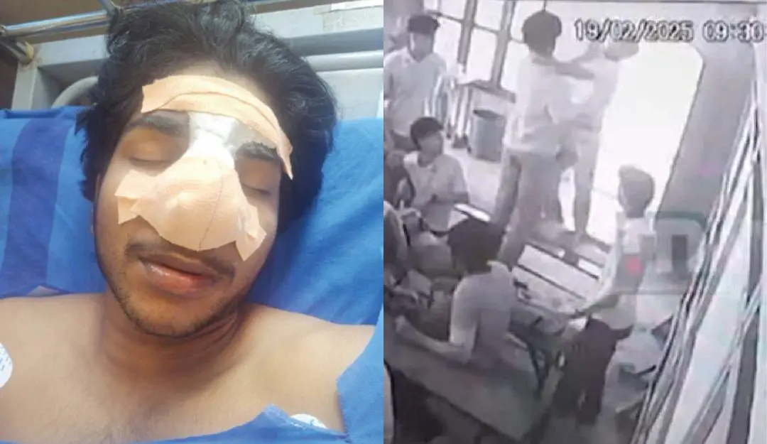 KJ Sajan (L) and CCTV visuals from clash between the students (R)