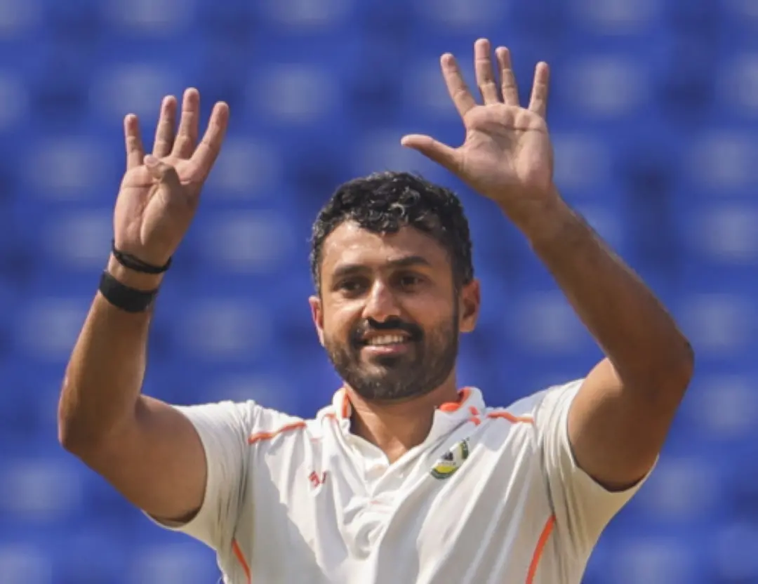 Vidarbha's batter Karun Nair celebrates his century during the fourth day of the Ranji Trophy 2024-25 final cricket match between Kerala and Vidarbha, at Vidarbha Cricket Association (VCA) Stadium, in Nagpur. | Photo: PTI
