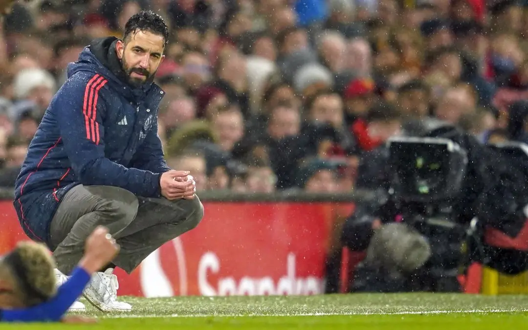 Manchester United's head coach Ruben Amorim reacts during the English Premier League soccer match between Manchester United and Ipswich Town at the Old Trafford stadium in Manchester, England, Wednesday, Feb. 26, 2025