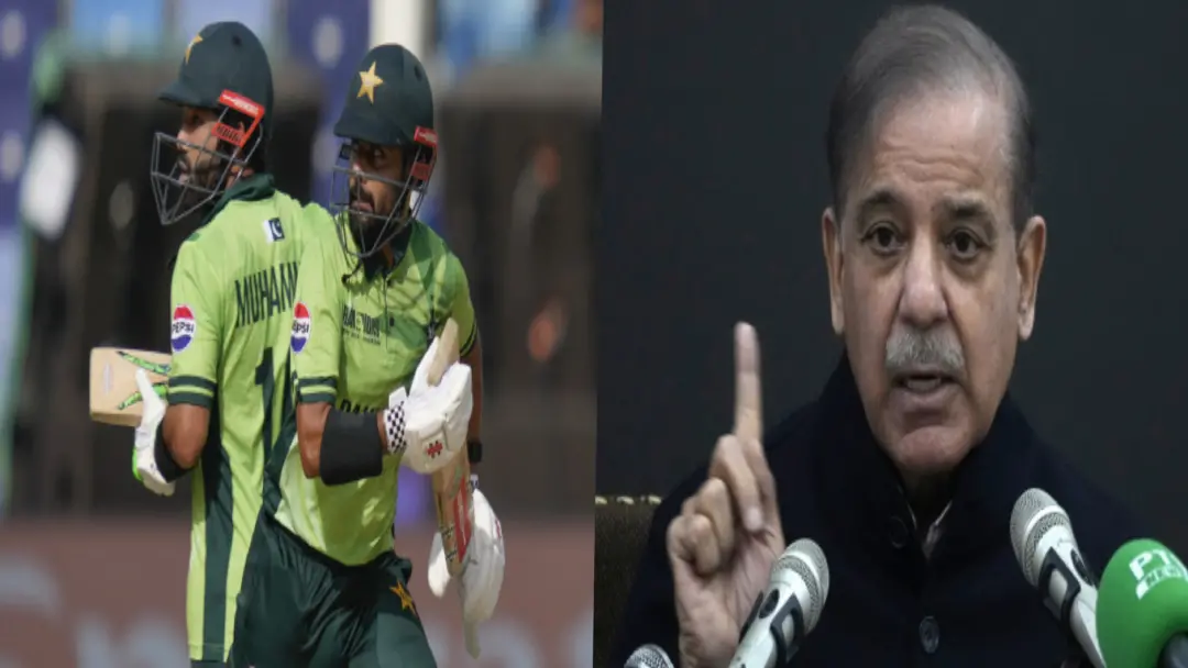 From (L) Pakistan Prime Minister Shehbaz Sharif, Pak players | Photos: Agencies