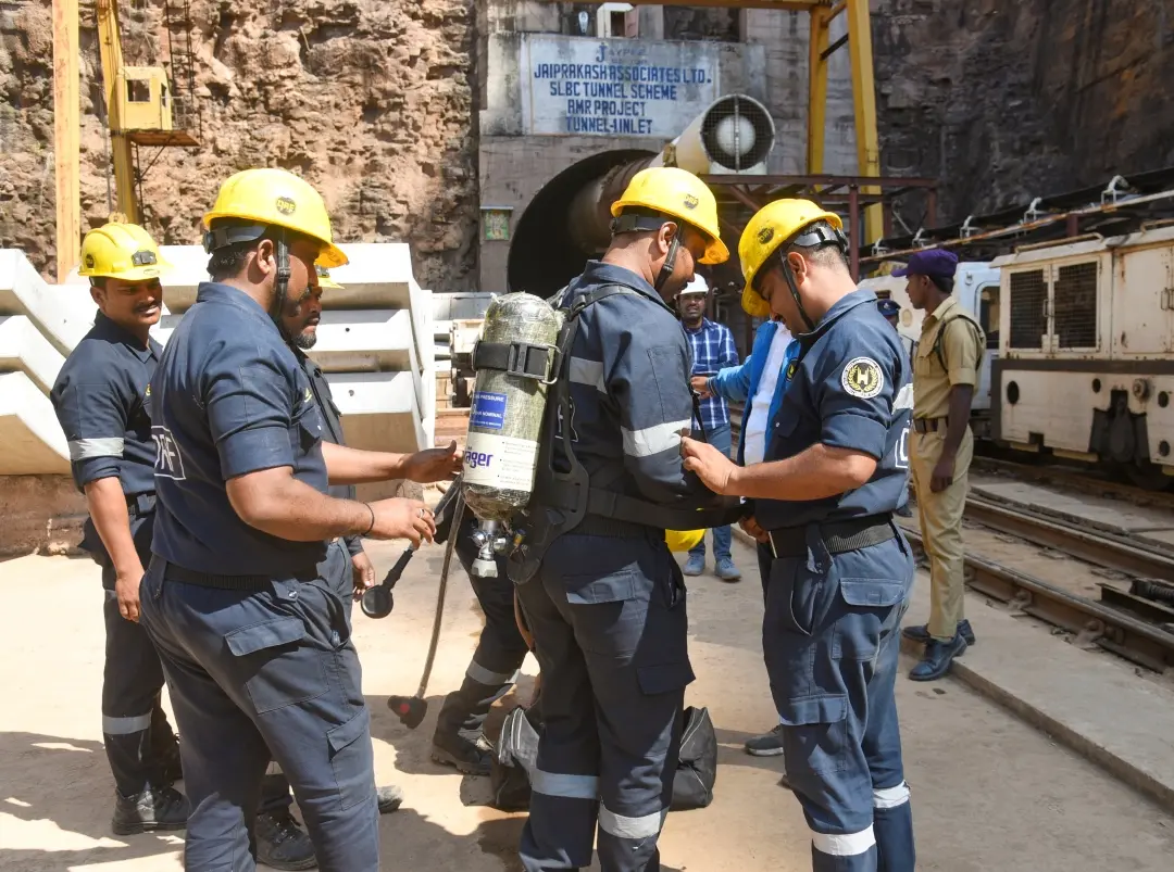 DRF personnel gear up for rescue work at the SLBC project site where a portion of the tunnel collapsed | Photo: PTI