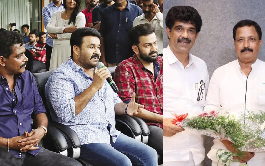 Antony Perumbavoor (L) with Mohanlal and Prithviraj; Kerala Film Chamber general secretary Saji Nanthiyattu and president B R Jacob