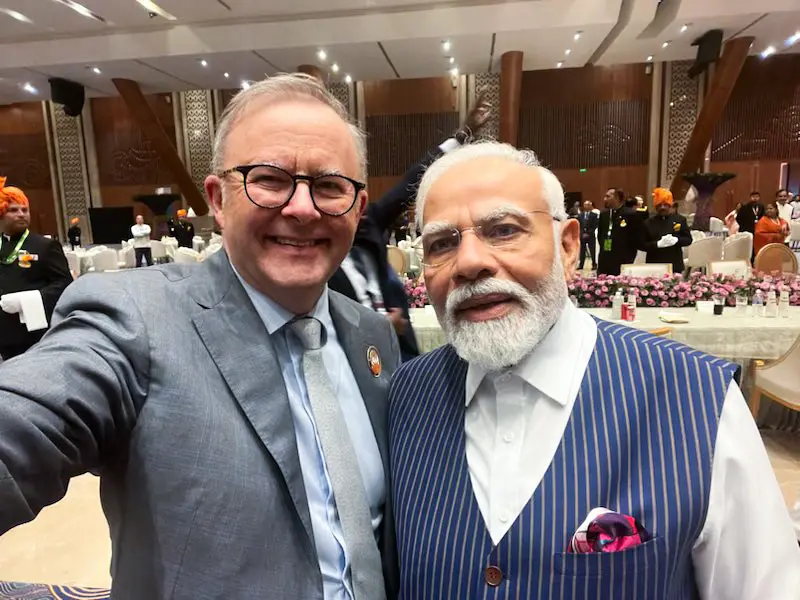 Prime Minister Narendra Modi poses for a selfie with his Australian counterpart Anthony Albanese | File photo: ANI