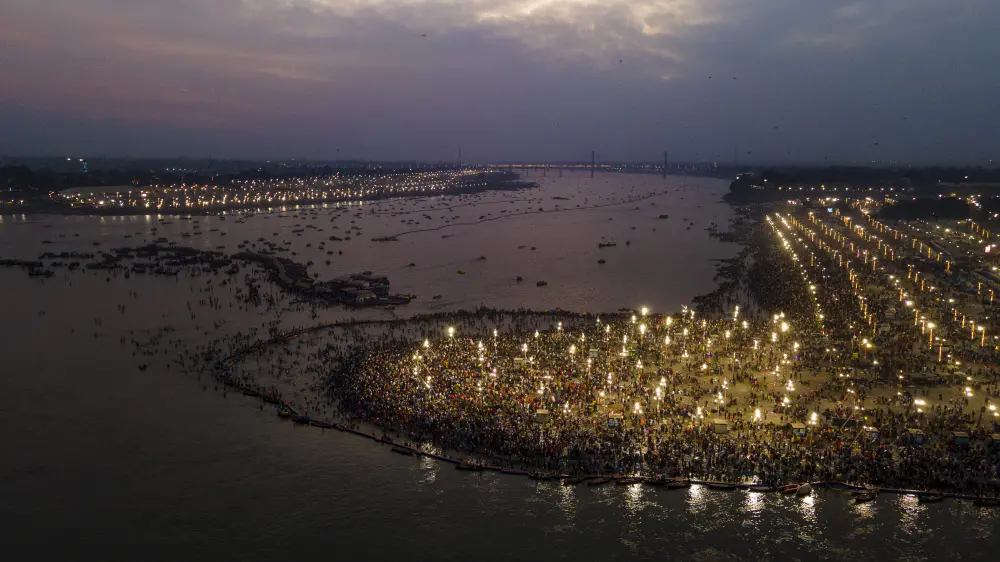 The Sangam area illuminated on the eve of 'Maha Shivratri' festival | PTI