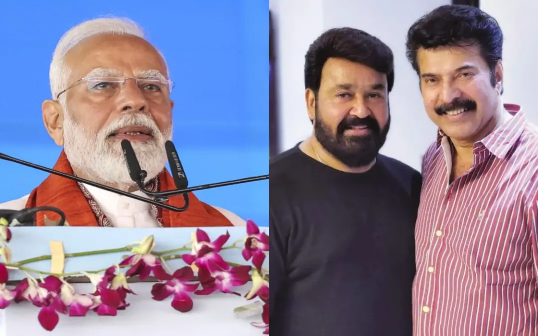 നരേന്ദ്രമോദി, മോഹന്ലാലും മമ്മൂട്ടിയും | Photo: PTI, Mathrubhumi