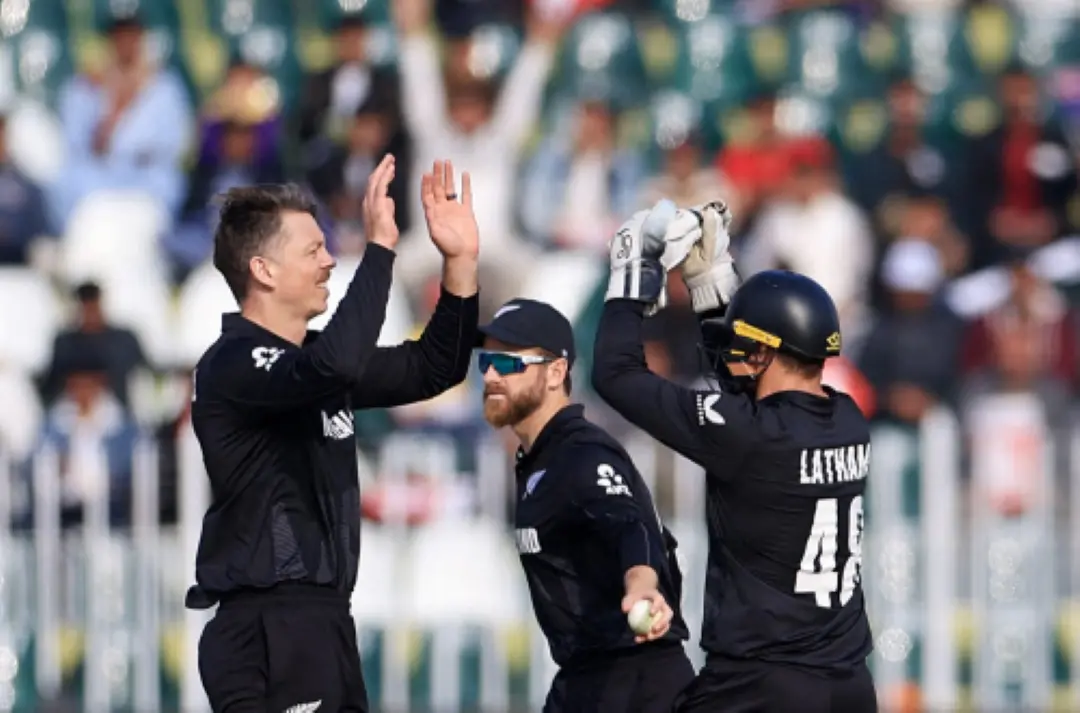 New Zealand's Michael Bracewell celebrates with teammates after taking the wicket of Bangladesh's Mahmudullah, caught out by Will O'Rourke during the Group A match in the ICC Champions Trophy, 2025, at Rawalpindi Cricket Stadium. | Photo: ANI