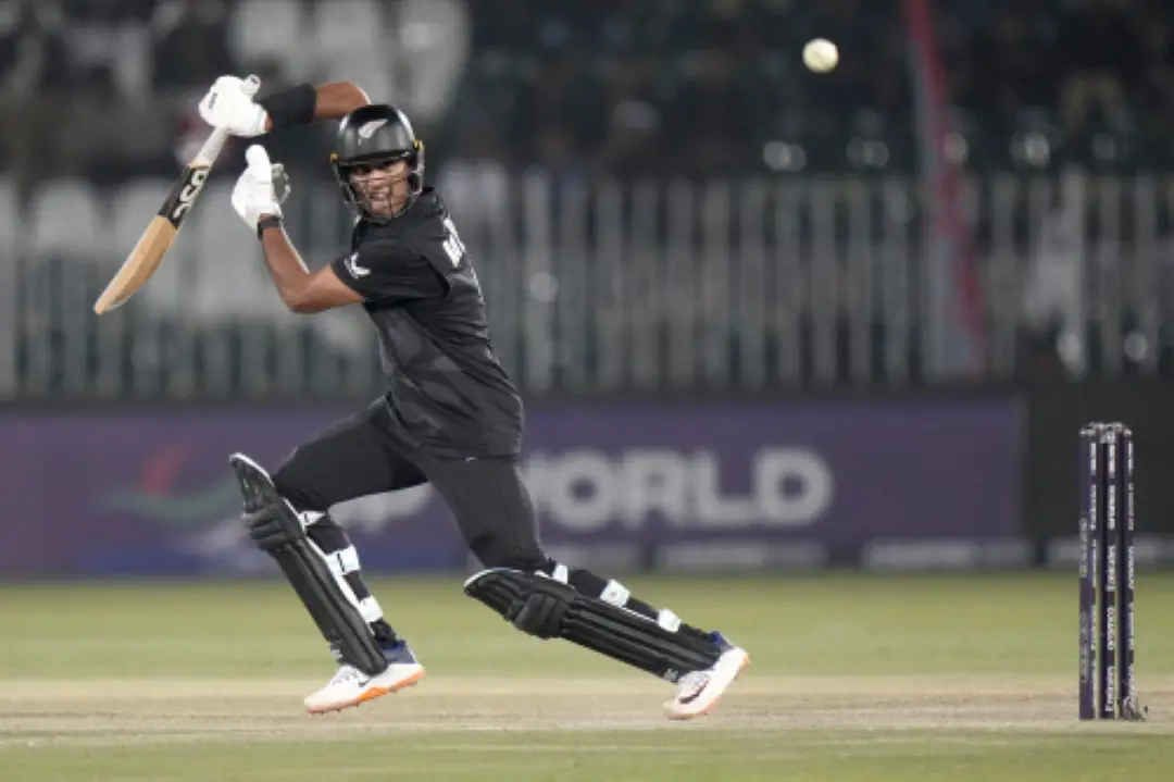 New Zealand's Rachin Ravindra plays a shot during the ICC Champions Trophy cricket match between Bangladesh and New Zealand, in Rawalpindi. | Photo: AP