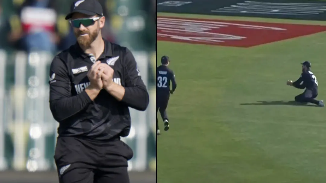 New Zealand's Kane Williamson takes the catch of Bangladesh's Tanzid Hasan during the ICC Champions Trophy cricket match between Bangladesh and New Zealand, in Rawalpindi. | Photo: Screengrab/Agencies