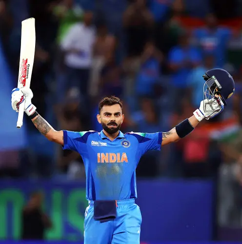 India's Virat Kohli celebrates his century during the ICC Champions Trophy 2025- Group A match against Pakistan, at Dubai International Cricket Stadium in Dubai on Sunday. | Photo: ANI