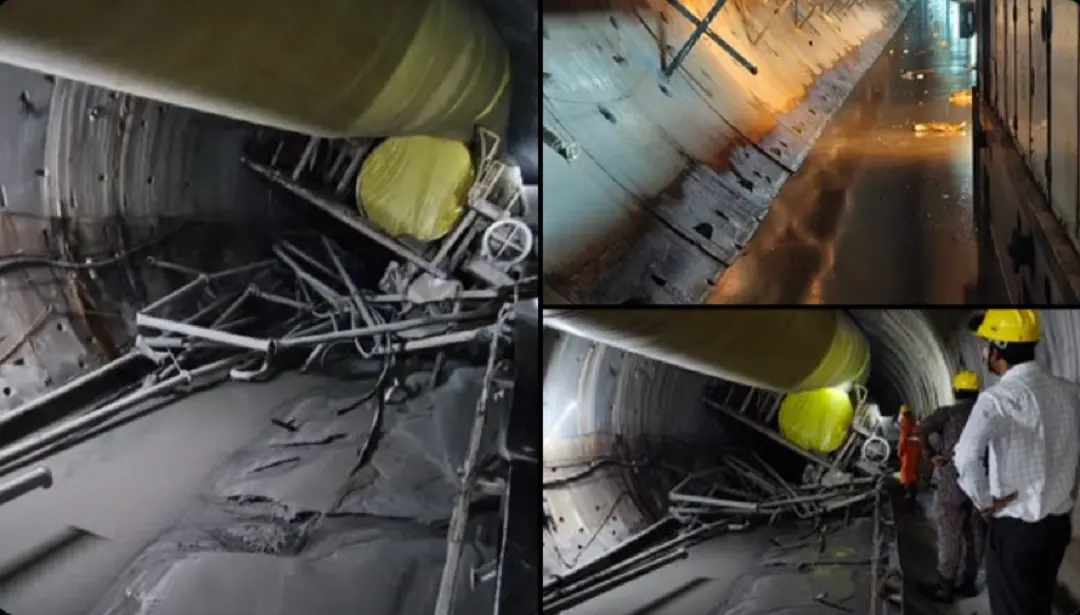 Visuals of the collapsed portion of the Srisailam Left Bank Canal (SLBC) tunnel, in which at least eight workers are feared trapped. Rescue teams that went to inspect the site have returned due to their inability to go further inside, where at least eight workers are feared trapped. | Photo: ANI