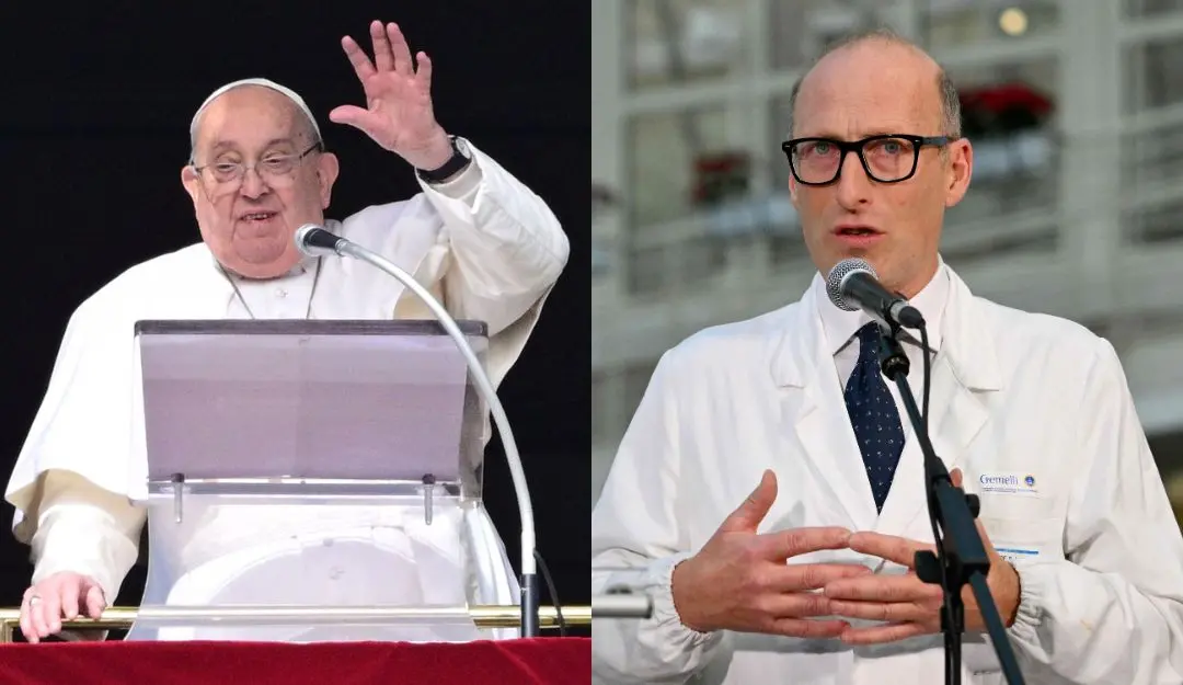 Pope Francis (L) and Professor Sergio Alfieri (R) address the media at Gemelli Hospital, where the pope is receiving treatment | Photo: AFP