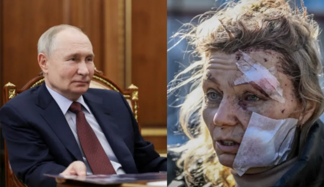 Russia's President Vladimir Putin (L) and a teacher stands outside a hospital after the bombing of the eastern Ukraine town of Chuguiv in 2022. | File image: AFP