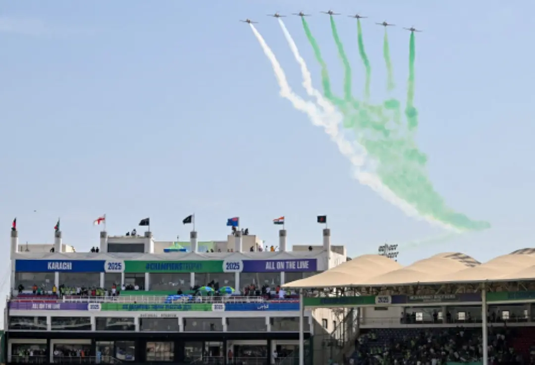 Pakistan Air Force Sherdils fly past at the opening ceremony of ICC Champions Trophy one-day international (ODI) cricket match between Pakistan and New Zealand at National Stadium in Karachi | Photo: AFP