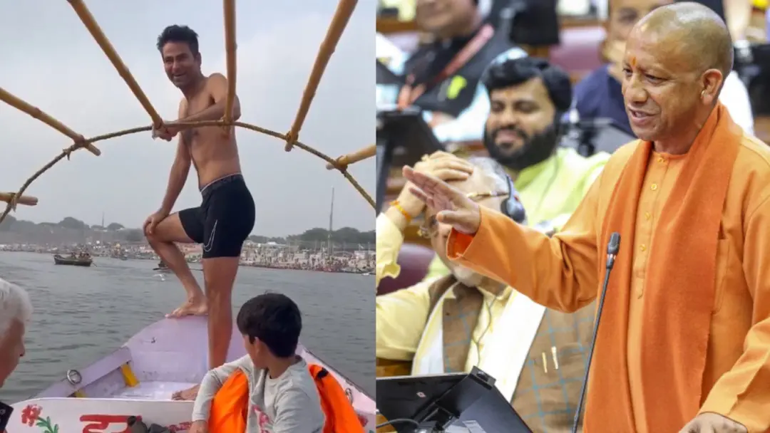 From (L) Mohammad Kaif taking a dip in Yamuna; Uttar Pradesh Chief Minister Yogi Adityanath speaks during the Budget session of the state Legislative Assembly, in Lucknow | Photos: X/PTI