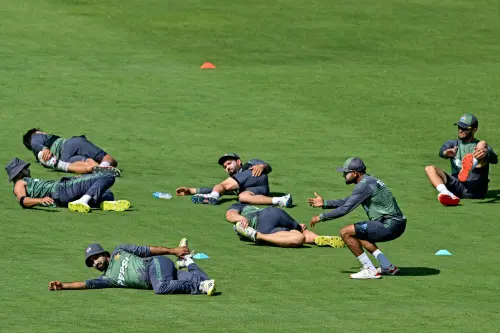 Pakistan's players attend a practice session on the eve of their ICC men's Champions Trophy one-day international (ODI) cricket match against New Zealand at National Stadium in Karachi on February 18, 2025. | Photo: AFP