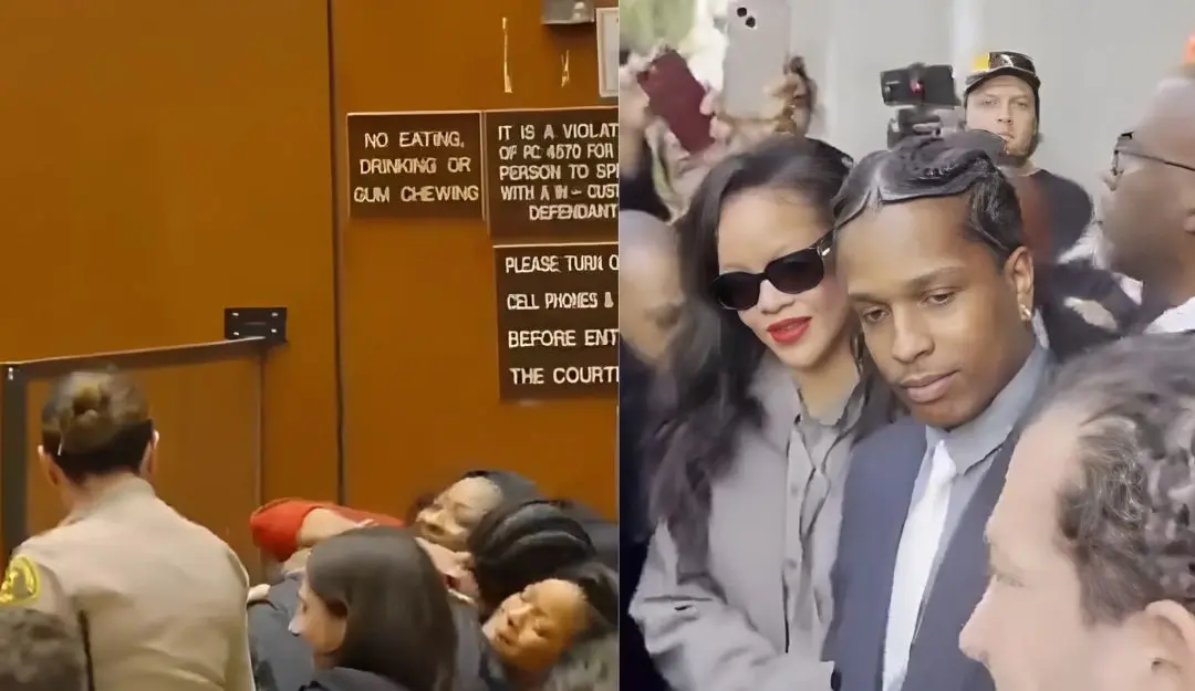 A$AP Rocky hugging Rihanna in courtroom, the couple addressing media after trial | Photos: Screengrabs (X)