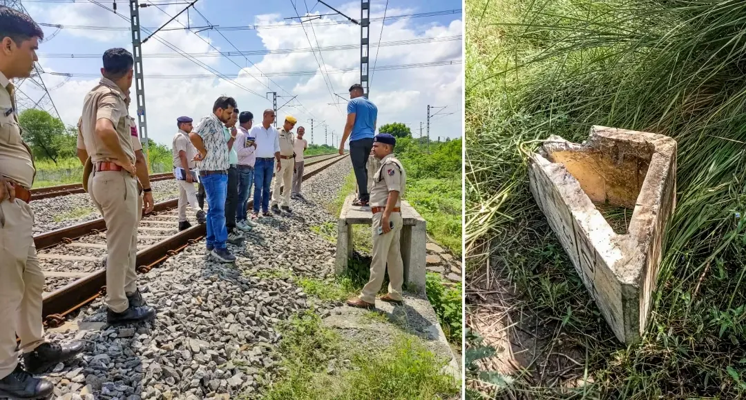 Police personnel inspect the site (left) where one of the cement blocks was allegedly placed Sunday on the tracks of Western Dedicated Freight Corridor, as an attempt to derail a loaded goods train, in Ajmer | Photo : PTI