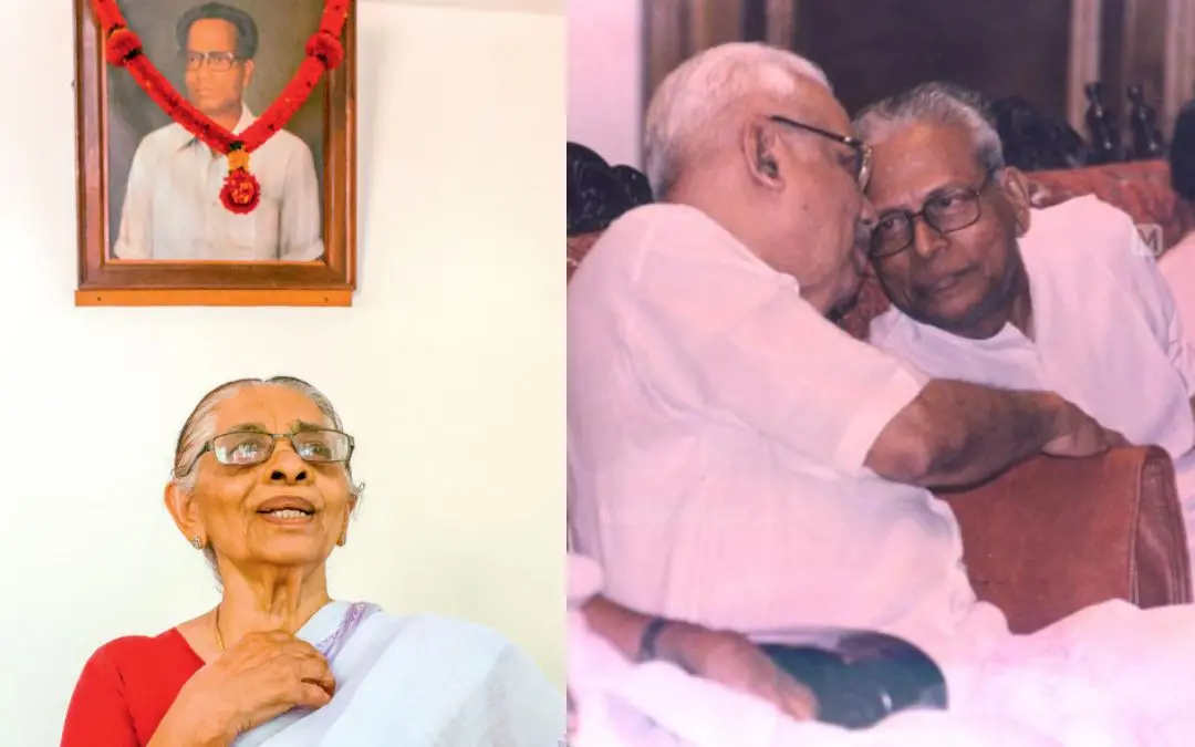 എൻ.ശ്രീധരന്റെ ഭാര്യ പദ്‌മാവതി അദ്ദേഹത്തിന്റെ ചിത്രത്തിന് മുന്നിൽ, ഇ.കെ. നായനാര്‍ക്കൊപ്പം വി.എസ്. അച്യുതാനന്ദന്‍ | Photo: Mathrubhumi